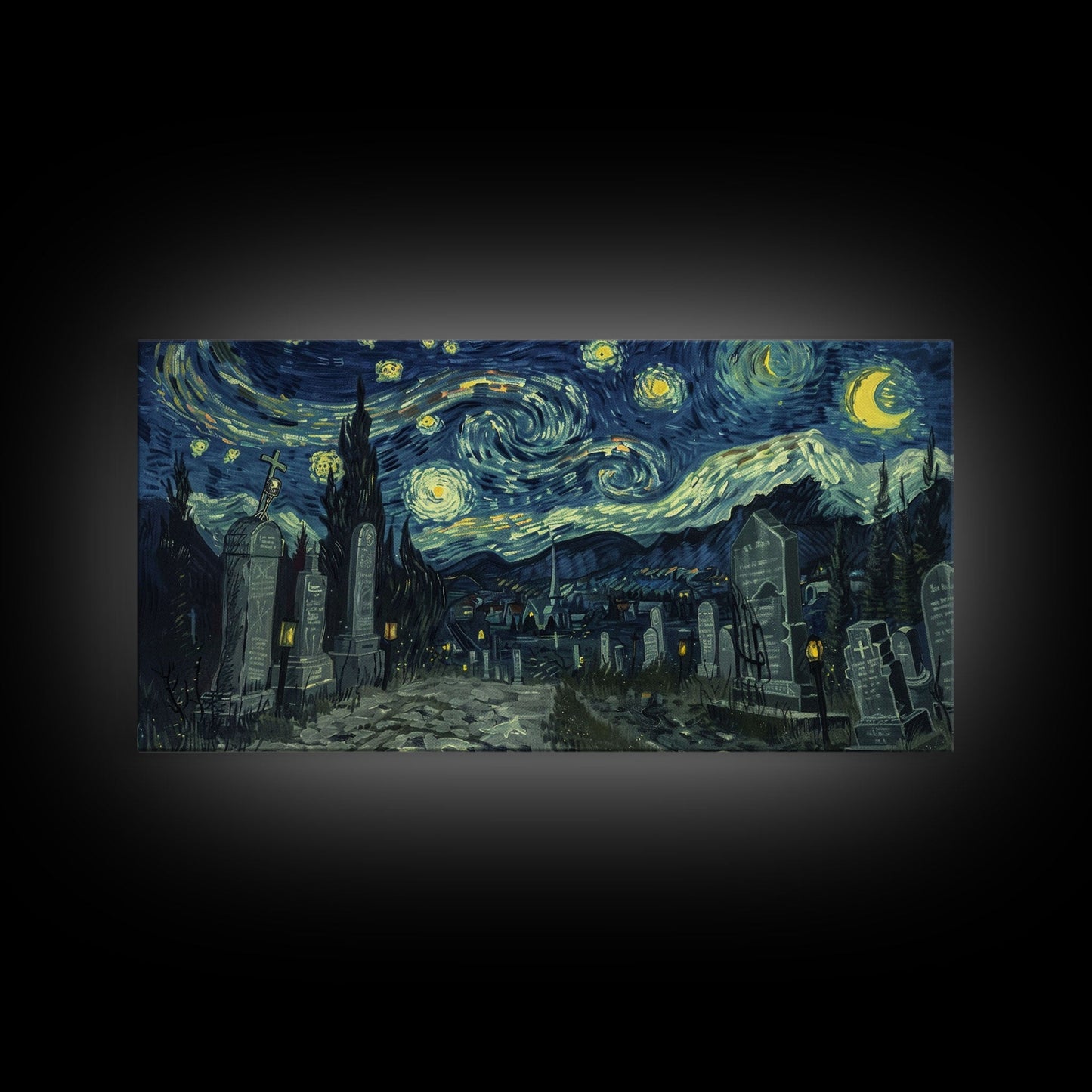 Haunted Graveyard Framed Canvas Print, Starry Night Van Gogh Inspired Halloween Decor, Spooky Vibes Halloween Gift