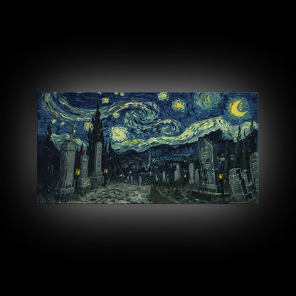 Haunted Graveyard Framed Canvas Print, Starry Night Van Gogh Inspired Halloween Decor, Spooky Vibes Halloween Gift