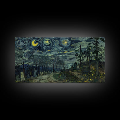 Haunted Graveyard Framed Canvas Print, Starry Night Van Gogh Inspired Halloween Decor, Spooky Vibes Halloween Gift