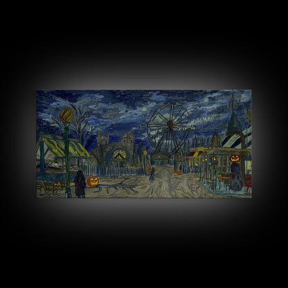 Spooky Haunted Carnival, Framed Canvas Print, Starry Night Inspired Spooky Season Wall Art, Halloween Prop