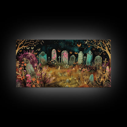 Colorful Haunted Grave Yard In The Spring Time, Framed Canvas Print, Spooky Wall Art, Halloween Spooky Season Decor