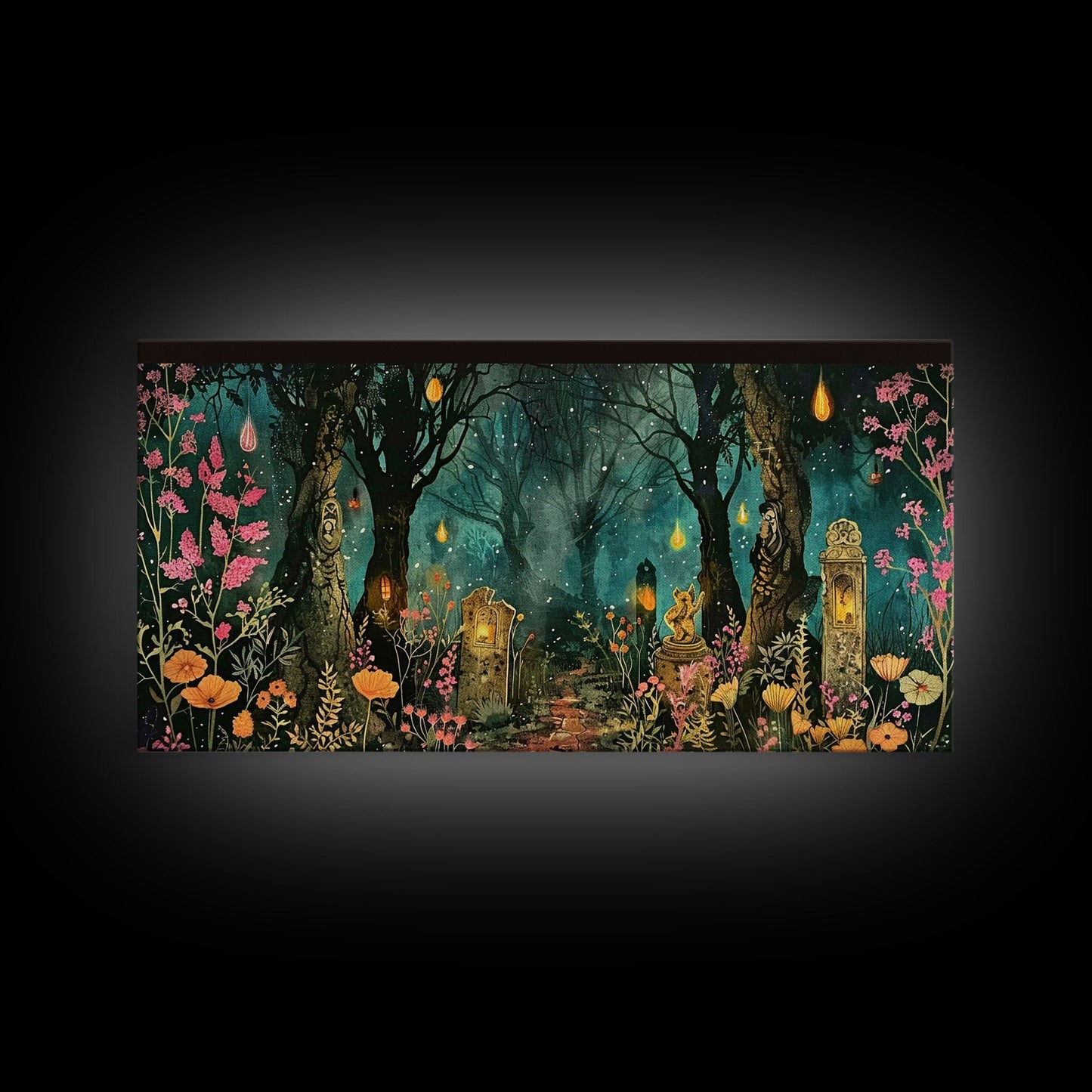 Haunted Cemetery In The Forest Framed Canvas Print, Halloween Decor, Halloween Prop Wall Art