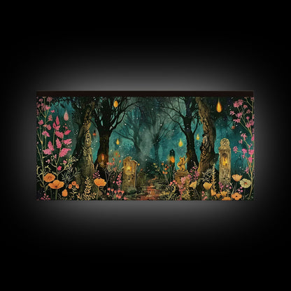 Haunted Cemetery In The Forest Framed Canvas Print, Halloween Decor, Halloween Prop Wall Art