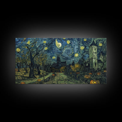 Haunted Halloween Cemetary, Starry Night Inspired Halloween Decor, Framed Canvas Print, Halloween Props