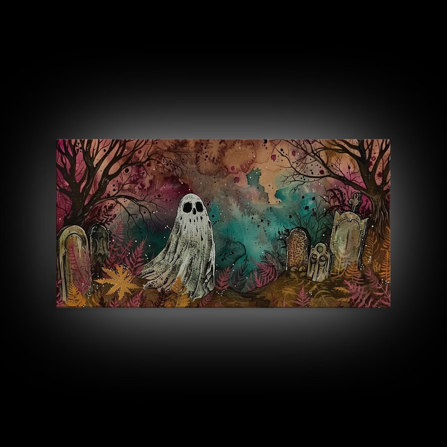 Cute Ghost In The Cemetery, Framed Canvas Print, Halloween Wall Decor, Halloween Trinkets
