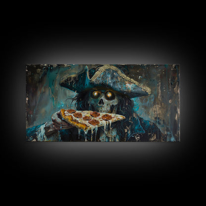 Spooky Pizza Pirate, Framed Canvas Print, Ghostly Pirate Havin a Slice of Pizza, kinda funny idk