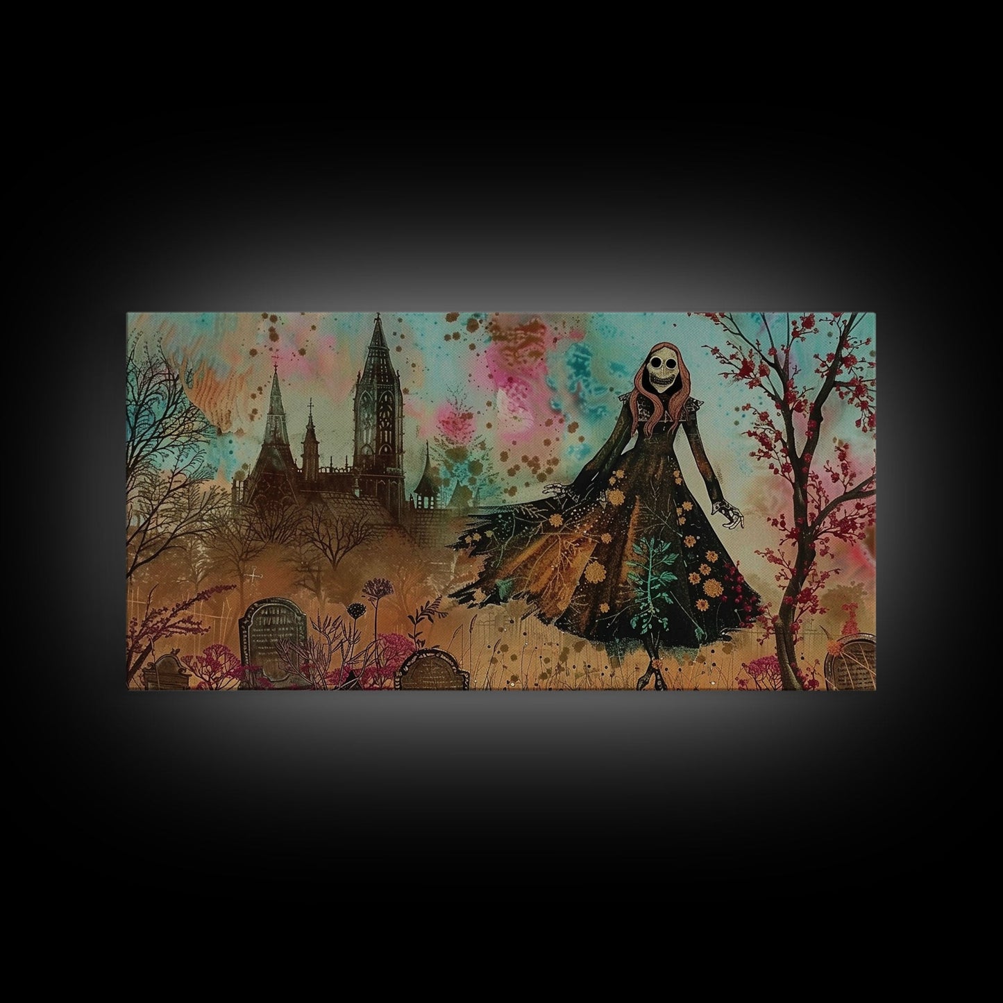 Grinning Banshee In A Cemetery Framed Canvas Print - Spooky Wall Art - Halloween Decor