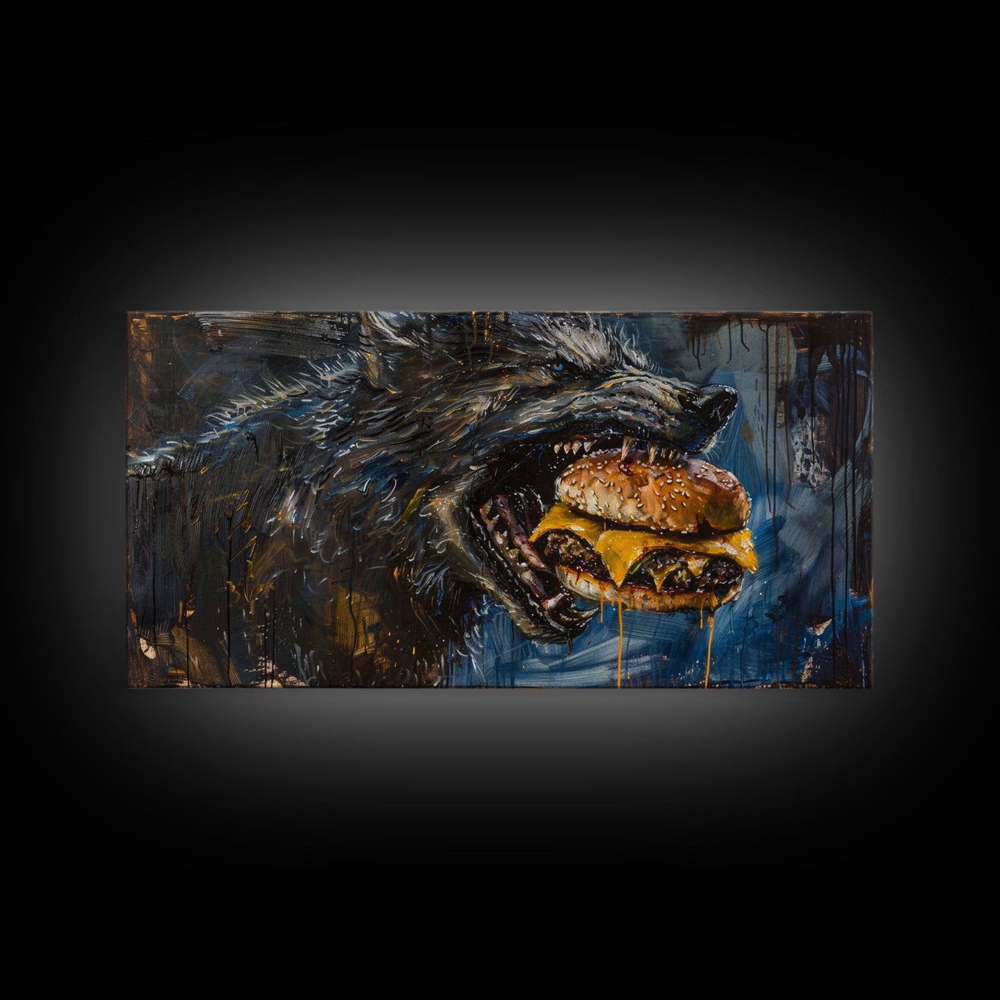 Big Ol Werewolf Having A Cheese Burger - Framed Canvas Print - Funny Halloween Art