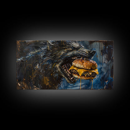 Big Ol Werewolf Having A Cheese Burger - Framed Canvas Print - Funny Halloween Art