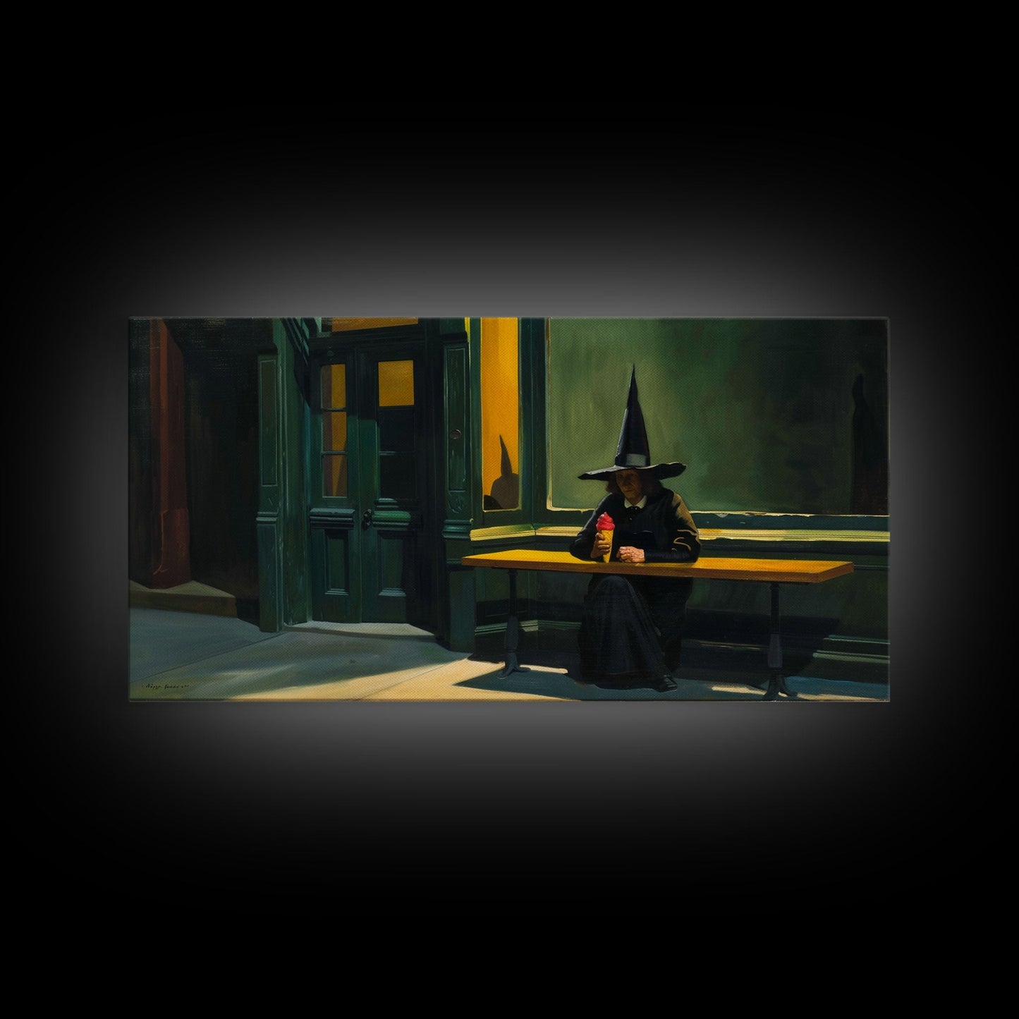 Sad Witch Having an Ice Cream Cone, Funny Halloween Art, Framed Canvas Print, Liminal Art