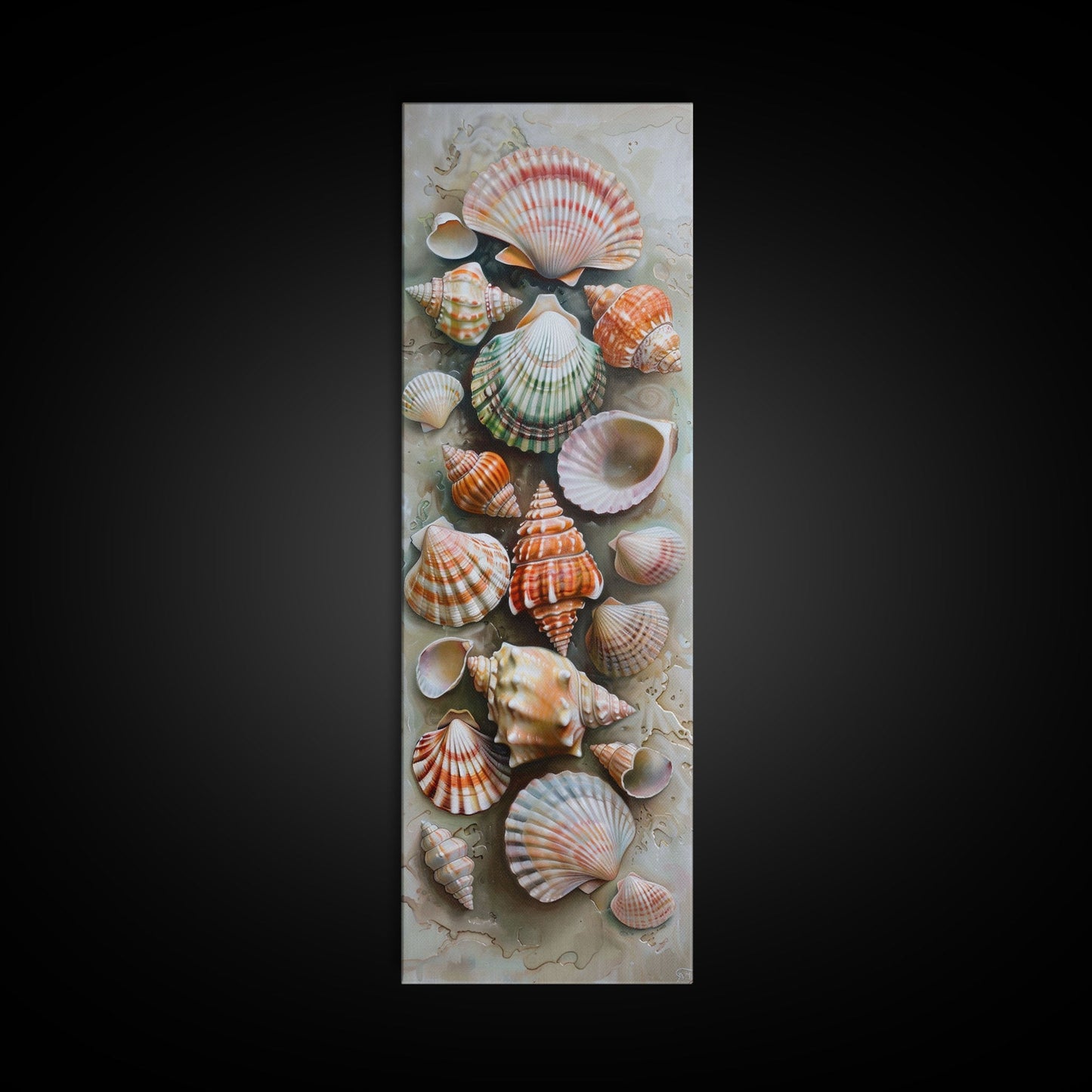 Printed Canvas Painting of Colorful Seashells on Beach, Vertical Coastal Art Print, Oversized Wall Art for Living Room, Housewarming Gift
