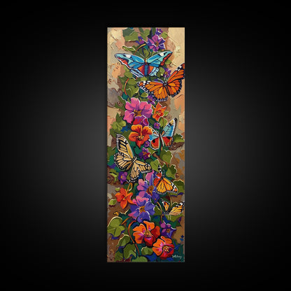 Colorful Abstract Framed Butterfly Canvas Art, Gouache Style Painting, Botanical Wall Art, Oversized Long Narrow Wall Art for Bedroom