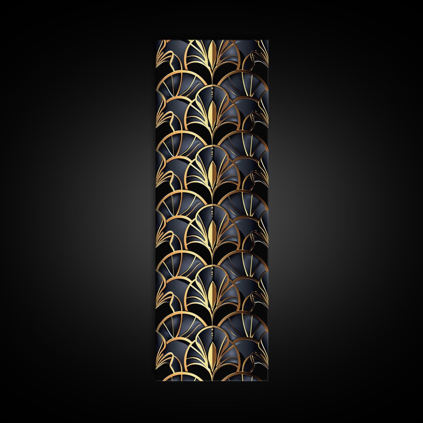 Gold Art Deco Pattern on Black Background - Framed Canvas Print, Midcentury Modern Art, Skinny Art, Tall Art, Living Room Wall Decor, Minimalist Art