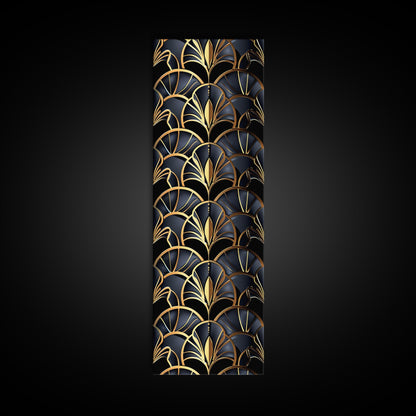Gold Art Deco Pattern on Black Background - Framed Canvas Print, Midcentury Modern Art, Skinny Art, Tall Art, Living Room Wall Decor, Minimalist Art