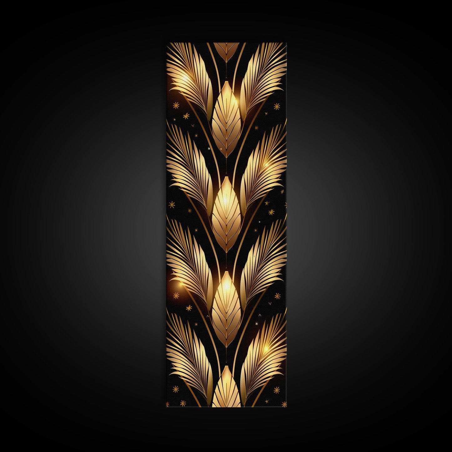 Gold Leaf Pattern on Black Background - Framed Canvas Print, Midcentury Modern Art, Skinny Art, Tall Art, Living Room Wall Decor, Minimalist Art