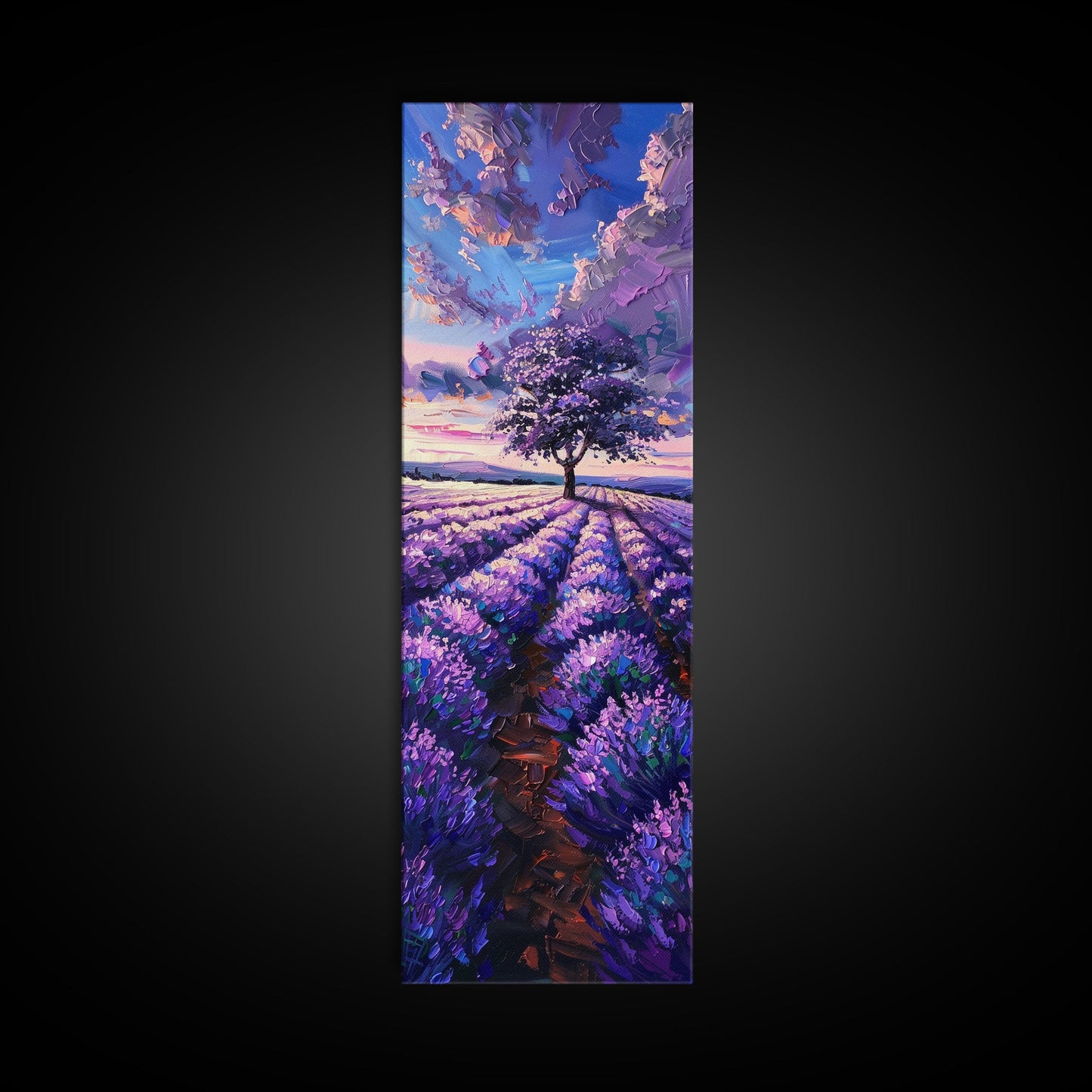 Majestic Lavender Tree in a Flower Field, Skinny and Tall Art, Serene Framed Canvas Print, Peaceful Home Decor