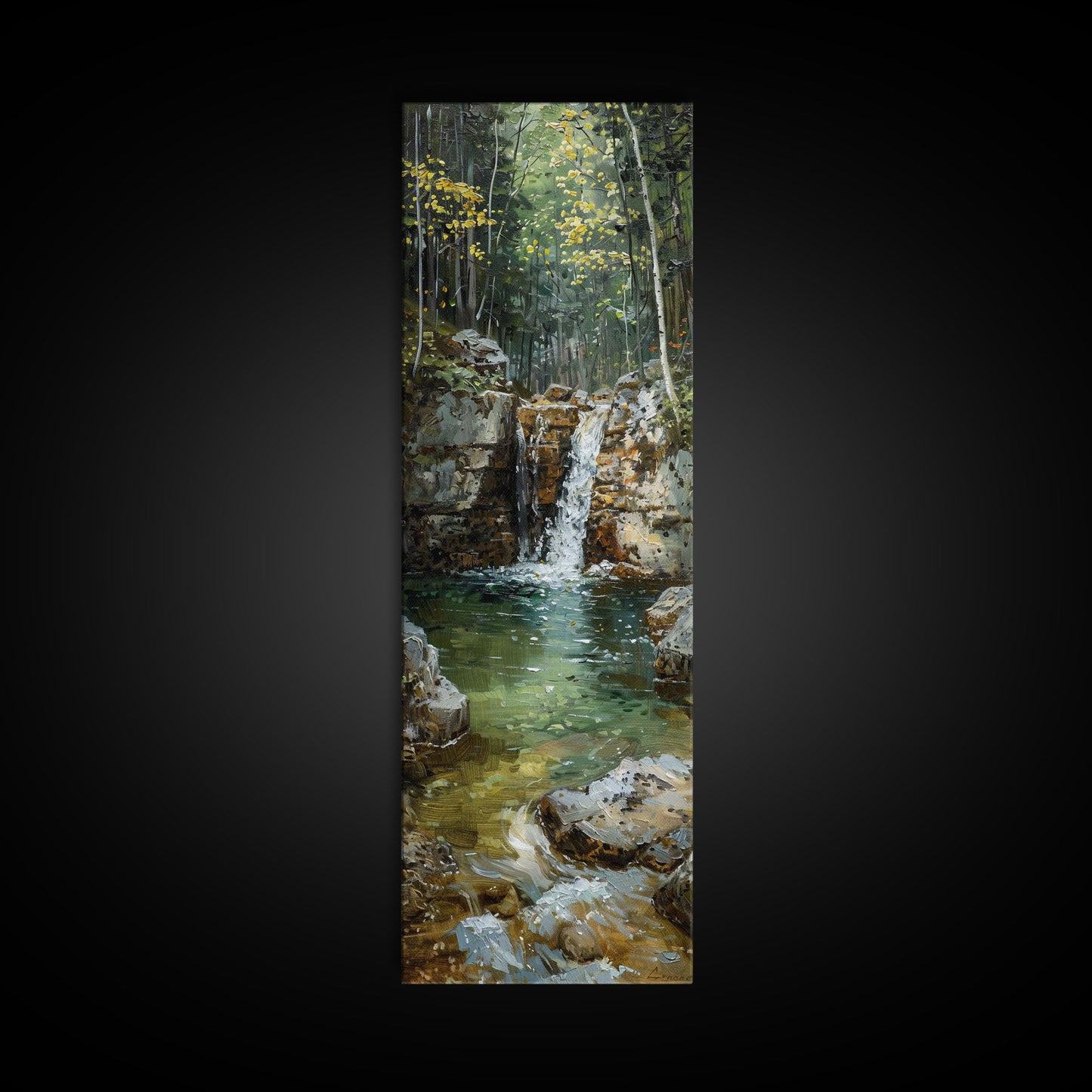 Framed Canvas Print Skinny Art of a Serene Waterfall Cascading into a Tranquil Pool in a Lush Forest Landscape, Perfect Tall Art for Nature Lovers