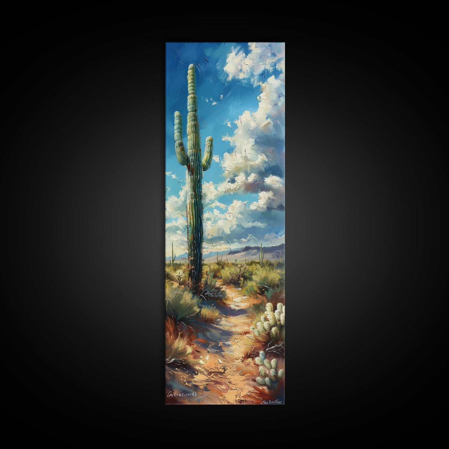 Iconic Saguaro Cactus in a Desert Landscape Under a Bright Blue Sky on a Framed Canvas Print Tall Art Piece