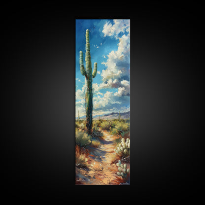 Iconic Saguaro Cactus in a Desert Landscape Under a Bright Blue Sky on a Framed Canvas Print Tall Art Piece