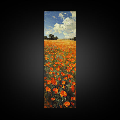 Expansive Poppy Field Under a Bright Blue Sky on a Framed Canvas Print Skinny Art Piece