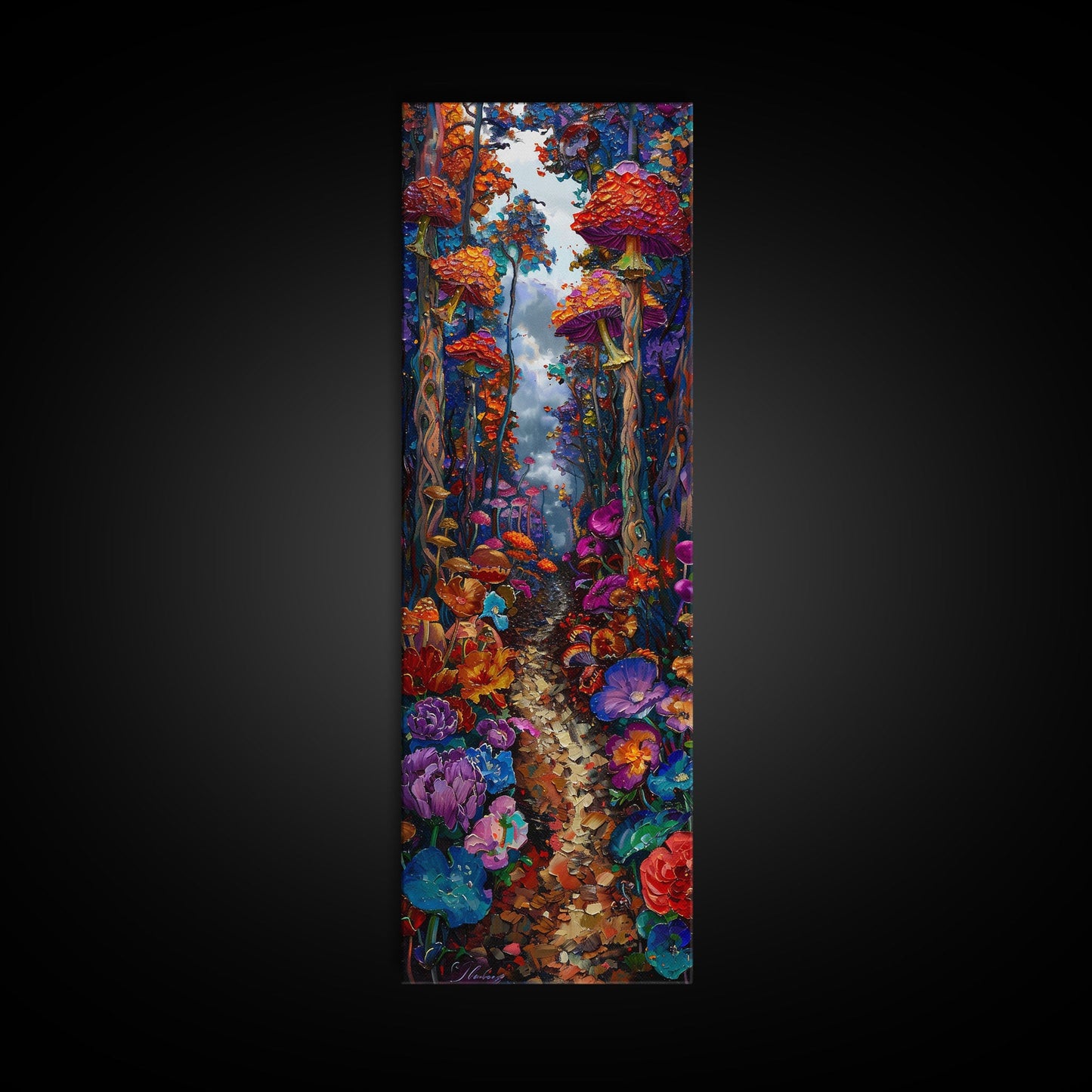 Fantasy Forest Pathway with Giant Mushrooms as Tall Skinny Art Framed Canvas Print for Whimsical Wall Decor in Unique Spaces