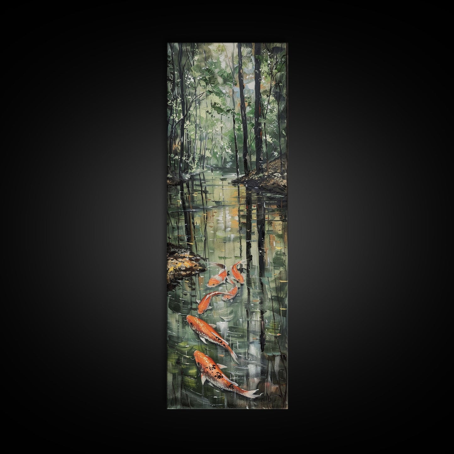 Elegant Koi Fish Swimming Serene Water Garden Nature Art Framed Canvas Print Tall Art Japanese Style Art