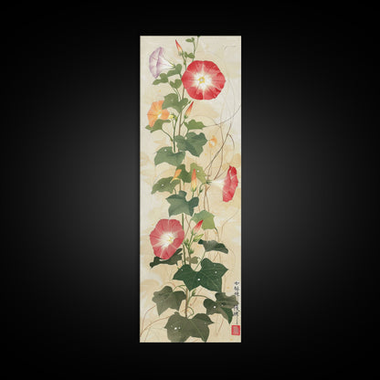 Vibrant Morning Glories Bloom Skinny Art Tall Art Japanese Ukiyo-e Inspired Floral Print Framed Canvas Wall Art