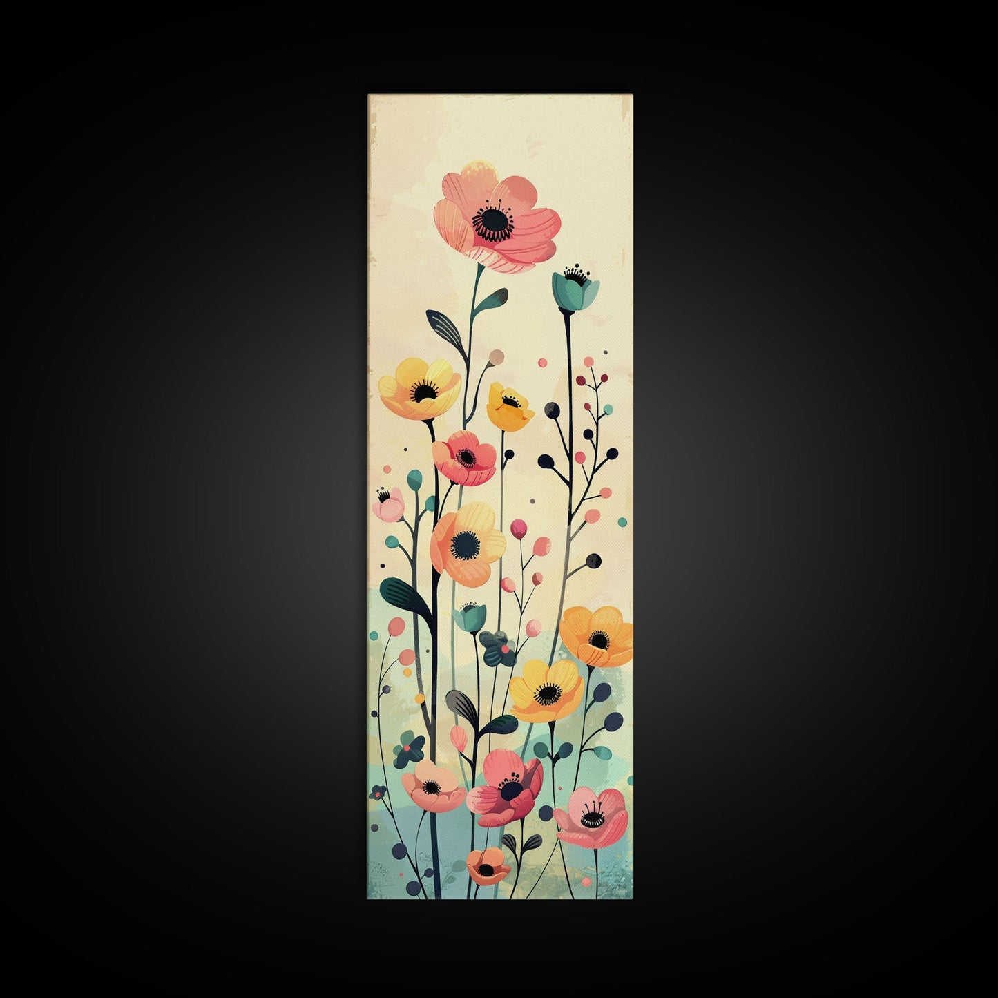 Bright Field of Wildflowers Skinny Art Tall Art Japanese Ukiyo-e Inspired Floral Print Framed Canvas Wall Art
