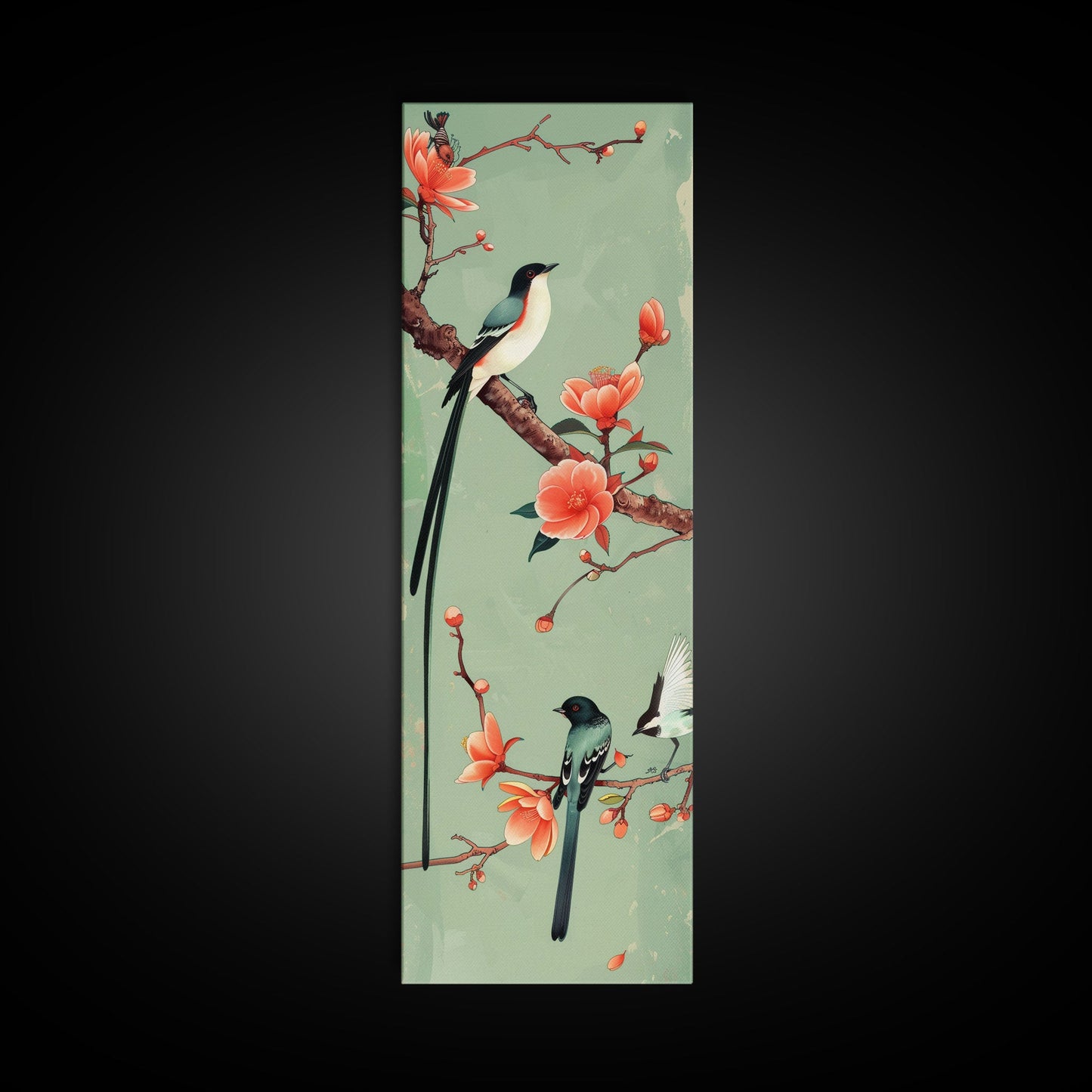 Elegant Birds on Branches Skinny Art Tall Art Japanese Ukiyo-e Inspired Bird and Nature Framed Canvas Print