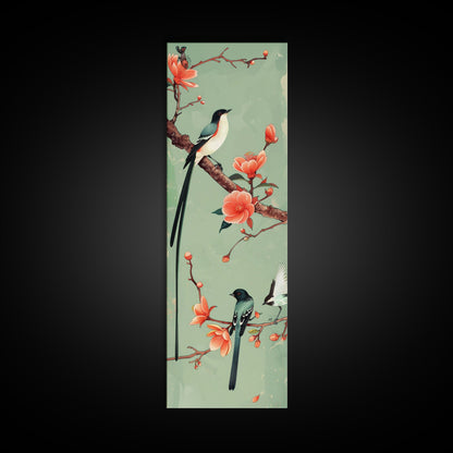 Elegant Birds on Branches Skinny Art Tall Art Japanese Ukiyo-e Inspired Bird and Nature Framed Canvas Print