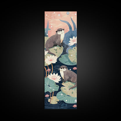 Playful Otters Amidst Lily Pads on Japanese-Inspired Tall Vertical Canvas Print Perfect for Nature-Inspired Wall Decor