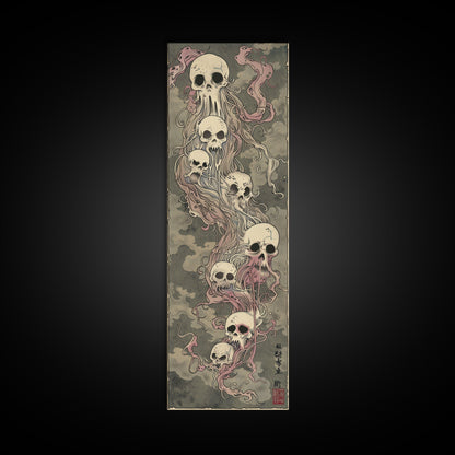 Hauntingly Beautiful Floating Skulls on Tall Vertical Canvas Print Featuring Japanese Ghostly Art in Eerie Style