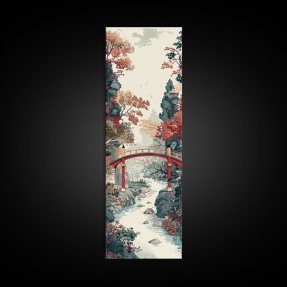 Traditional Japanese Skinny Art of Autumn Bridge in Serene Landscape with Fall Foliage – Framed Canvas Print