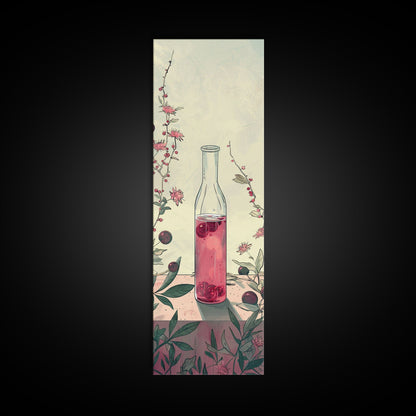 Skinny Art of Still Life with Elegant Glass Bottle and Floral Accents – Japanese-Inspired Framed Canvas Print