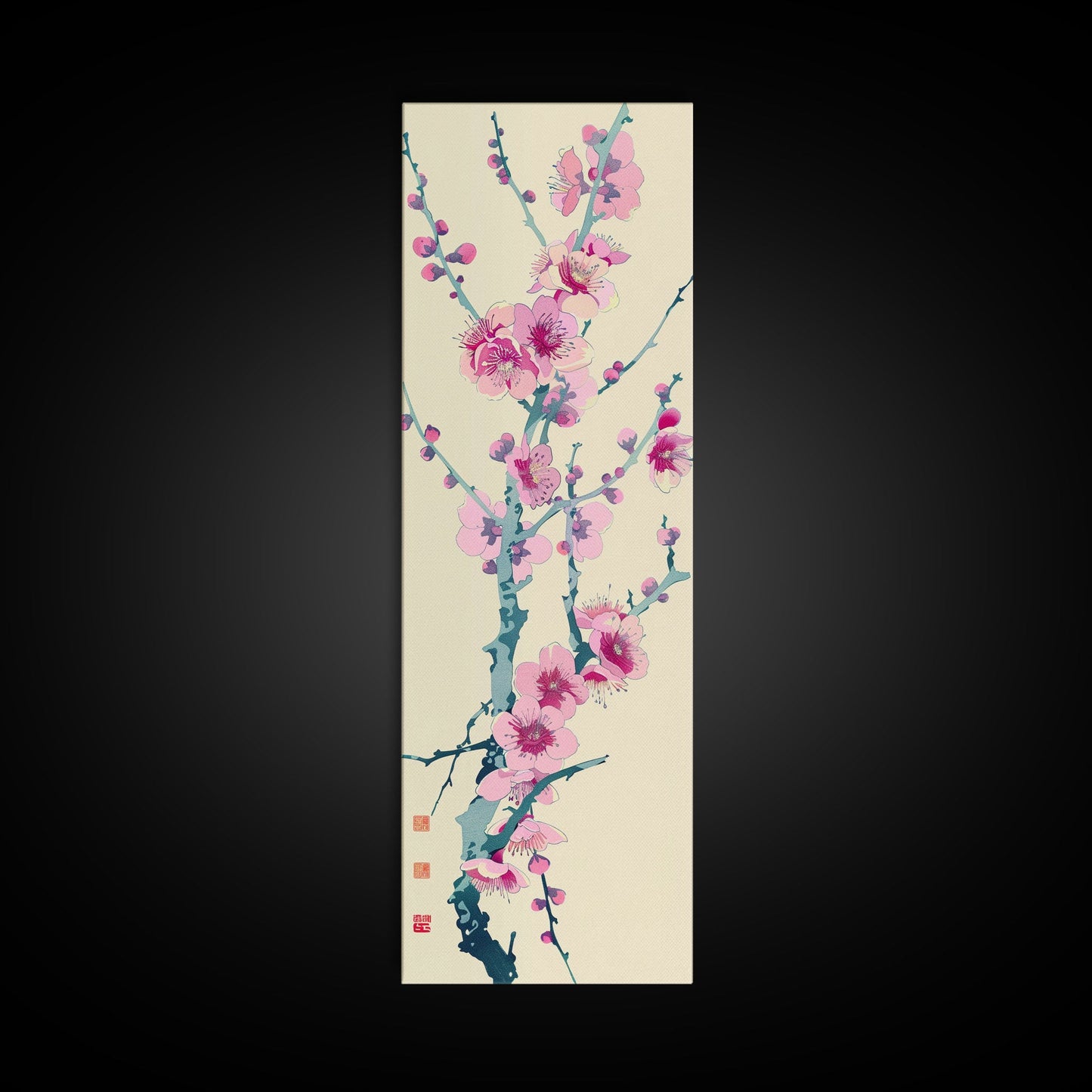 Plum Blossom Branch in Japanese Skinny Art with Delicate Pink Flowers – Framed Canvas Print