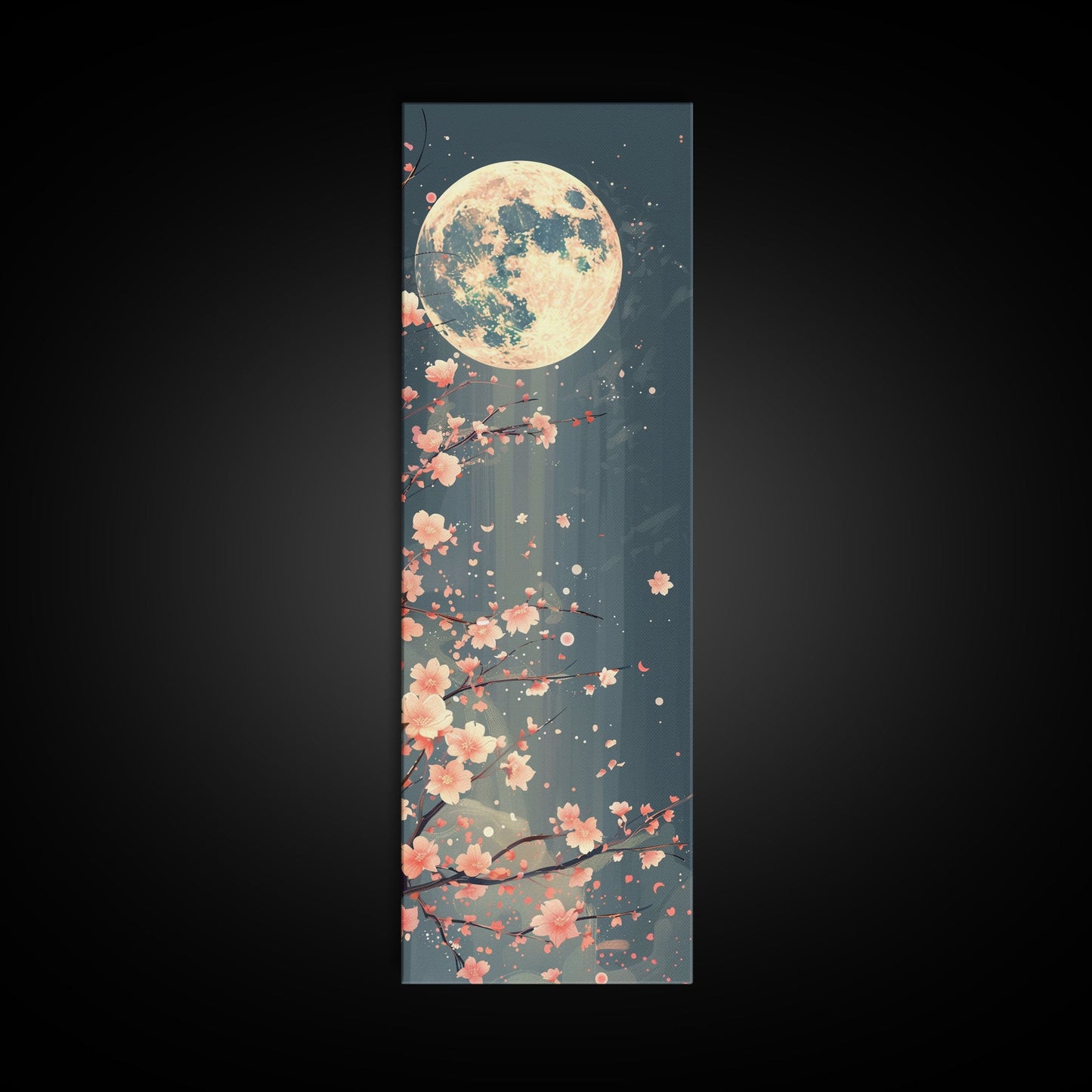 Full Moon with Cherry Blossom Ukiyo-e Art, Framed Canvas Print Perfect for Skinny and Tall Spaces, Japanese Style Art