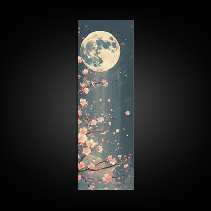 Full Moon with Cherry Blossom Ukiyo-e Art, Framed Canvas Print Perfect for Skinny and Tall Spaces, Japanese Style Art