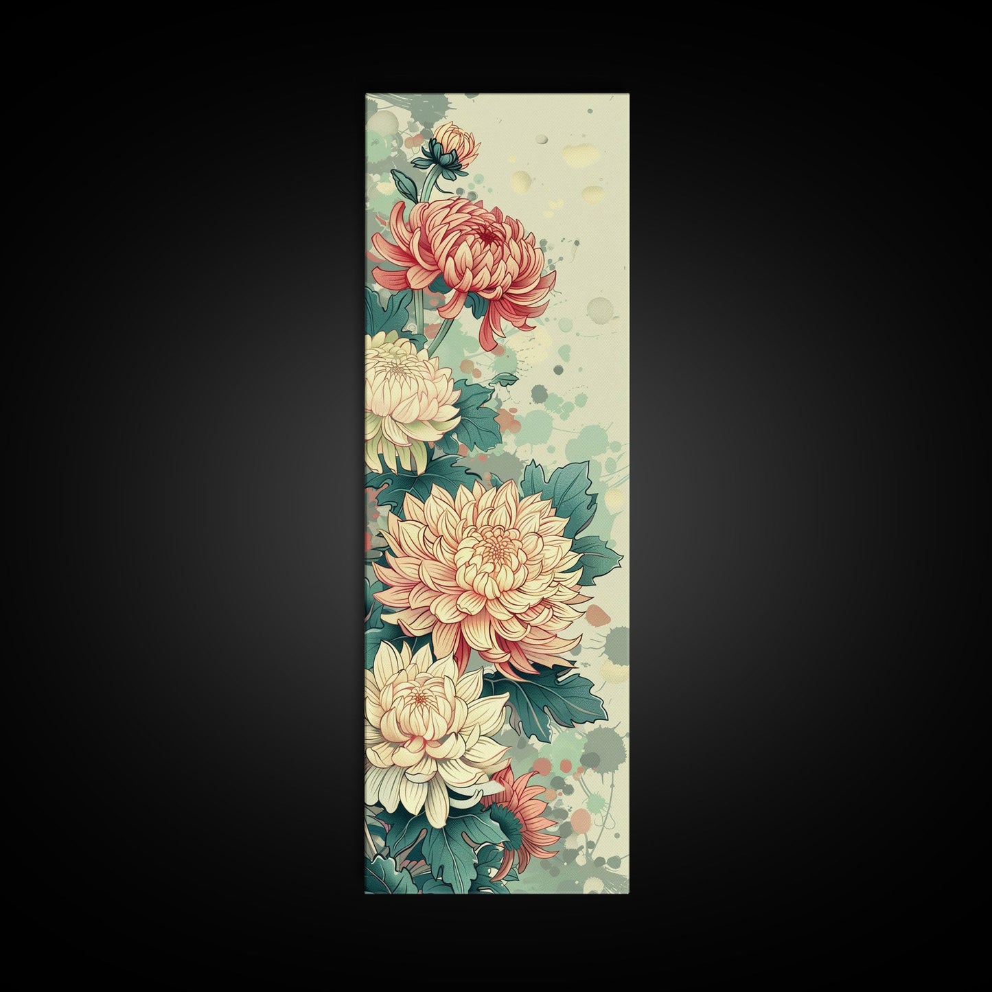 Chrysanthemums in Traditional Japanese Art, Ukiyo-e Style Framed Canvas Print Perfect for Tall and Skinny Spaces
