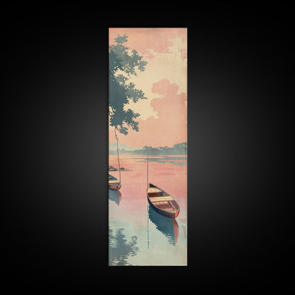 Serene Boat on Water, Autumn Trees, Japanese Art, Skinny Art, Tall Art, Framed Canvas Print, Ukiyo-e Style