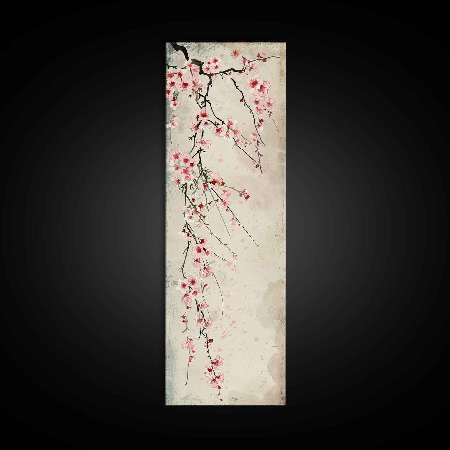 Cherry Blossoms, Full Bloom, Japanese Art, Skinny Art, Tall Art, Framed Canvas Print, Ukiyo-e Style
