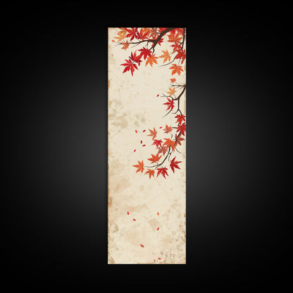 Skinny Art Maple Branch In Japanese Style Wood Block Print Autumn Leaves On Framed Canvas Print, Tall Art Ukiyo-e