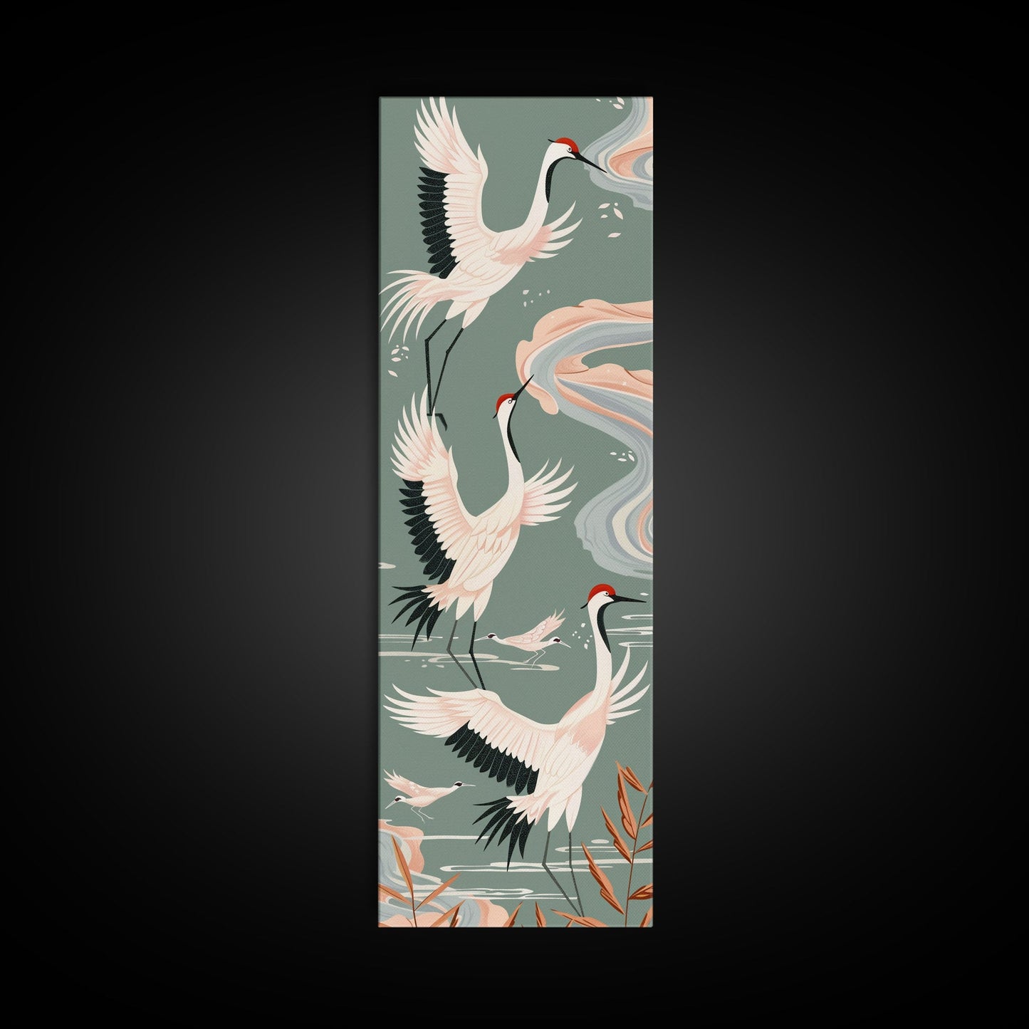 Cranes In Flight Framed Canvas Print, Traditional Japanese Art With Soft Colors And Detailed Wings, Wall Art Ready To Hang