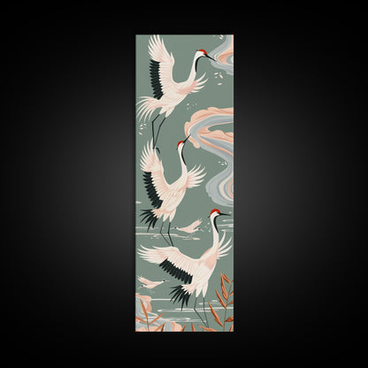 Cranes In Flight Framed Canvas Print, Traditional Japanese Art With Soft Colors And Detailed Wings, Wall Art Ready To Hang