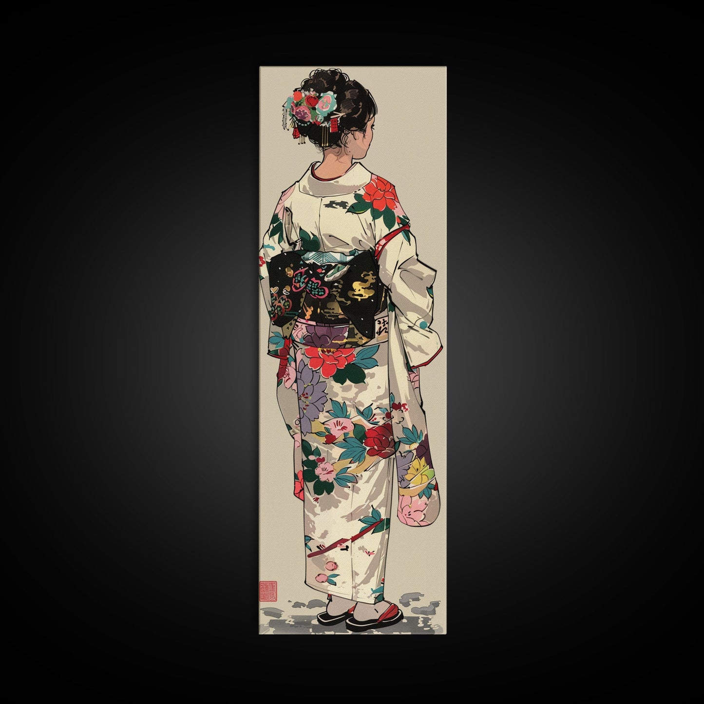 Skinny Art Traditional Kimono In Japanese Style Wood Block Print Intricate Floral Pattern On Framed Canvas Print, Tall Art Ukiyo-e