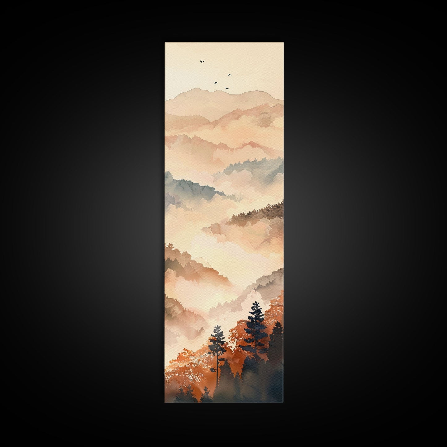 Skinny Art Tall Art Framed Canvas Print Layers Of Misty Mountains In Soft Warm Hues Ukiyo-e Japanese Style Art Wood Block Print