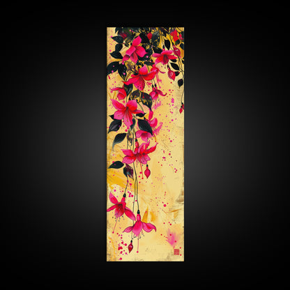 Skinny Art Tall Art Framed Canvas Print Bold Fuchsia Flowers In Dynamic Composition Over A Vibrant Yellow Background Ukiyo-e Japanese Style Art