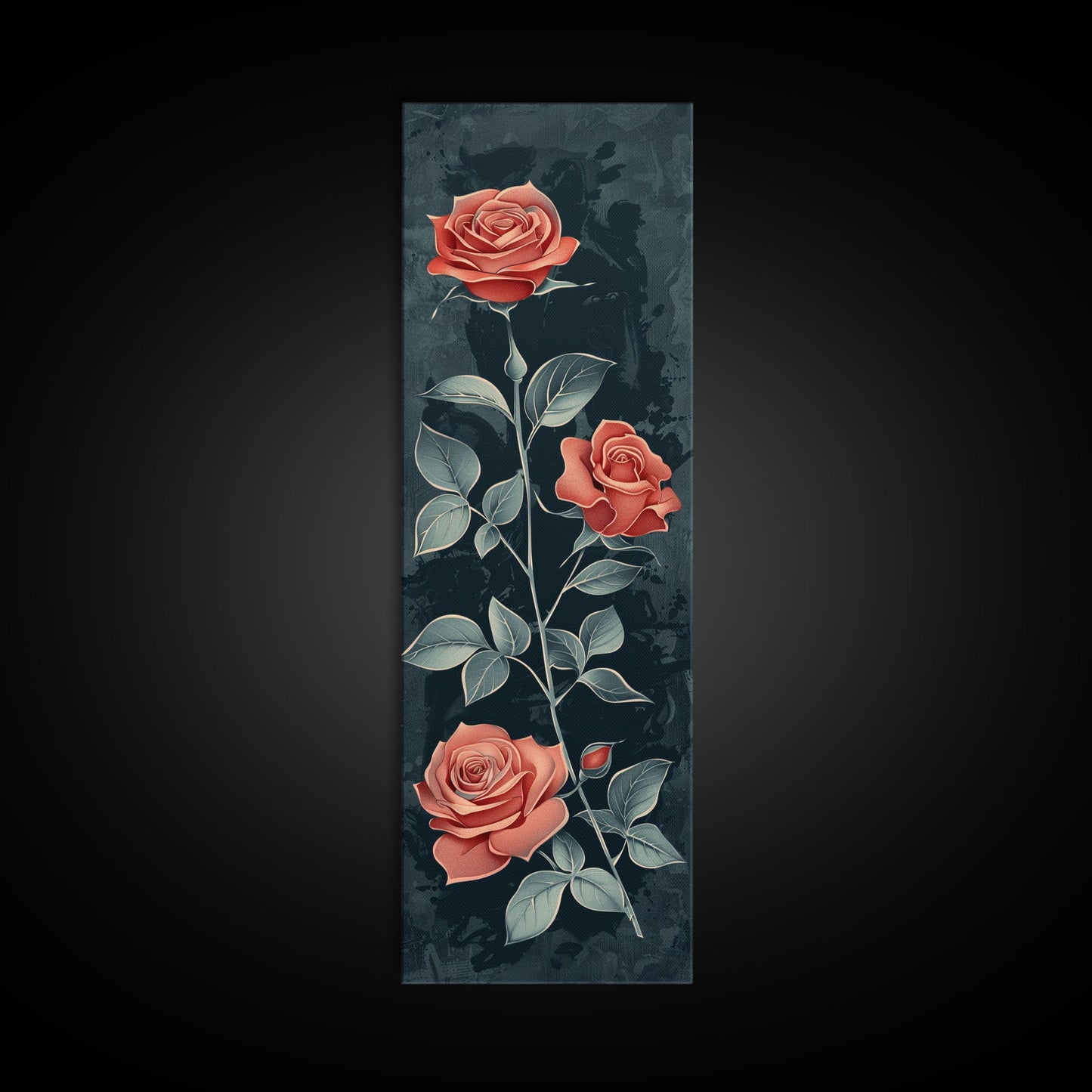 Deep Red Roses With Dark Green Foliage Skinny Art Tall Art Framed Canvas Print Japanese Style Art Ukiyo-e Art Wood Block Print Elegant Floral