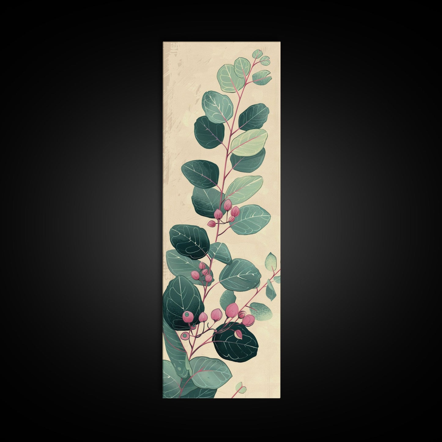 Delicate Green Leaves And Pink Buds On A Branch Against A Textured Background, Skinny Art Tall Wall Art Framed Canvas Print Japanese Style Art