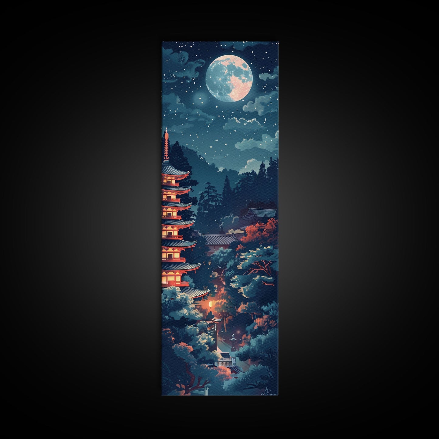 Peaceful Japanese Temple And Pagoda Under A Full Moon, Skinny Art Tall Wall Art Framed Canvas Print Japanese Style Art