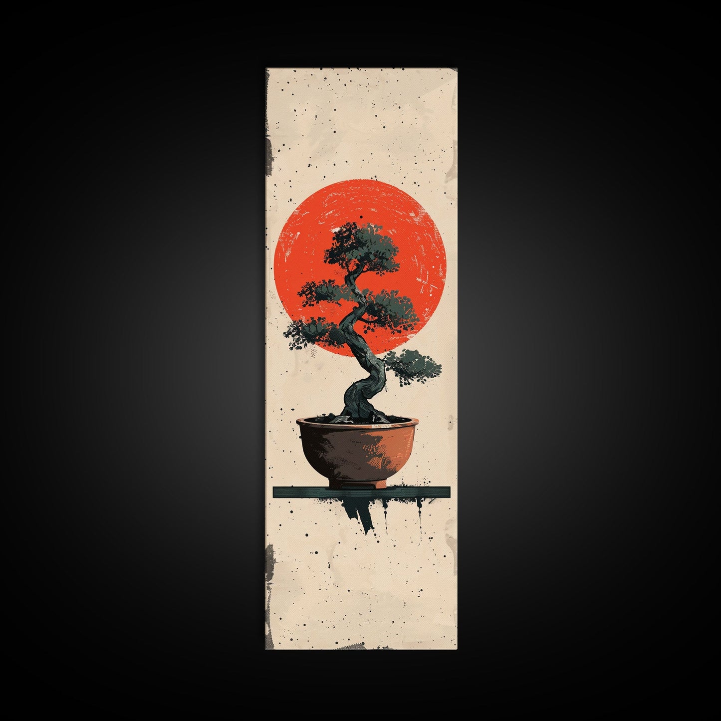 Canvas Print Bonsai Tree Silhouette Against Red Sun, Minimalistic Japanese Style Art For Modern Home, Wall Decoration